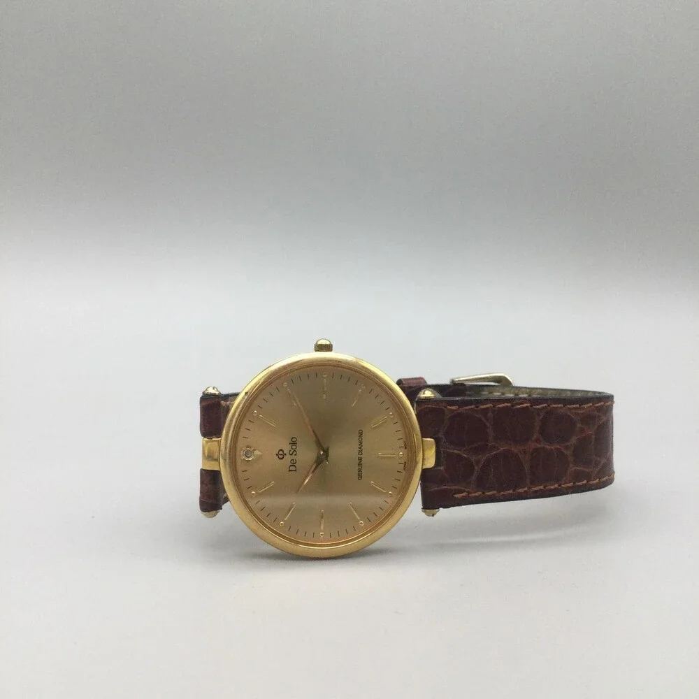 De Solo Watch Women 32mm Diamond 18K Gold Plated Brown Leather Strap New Battery - Picture 5 of 15